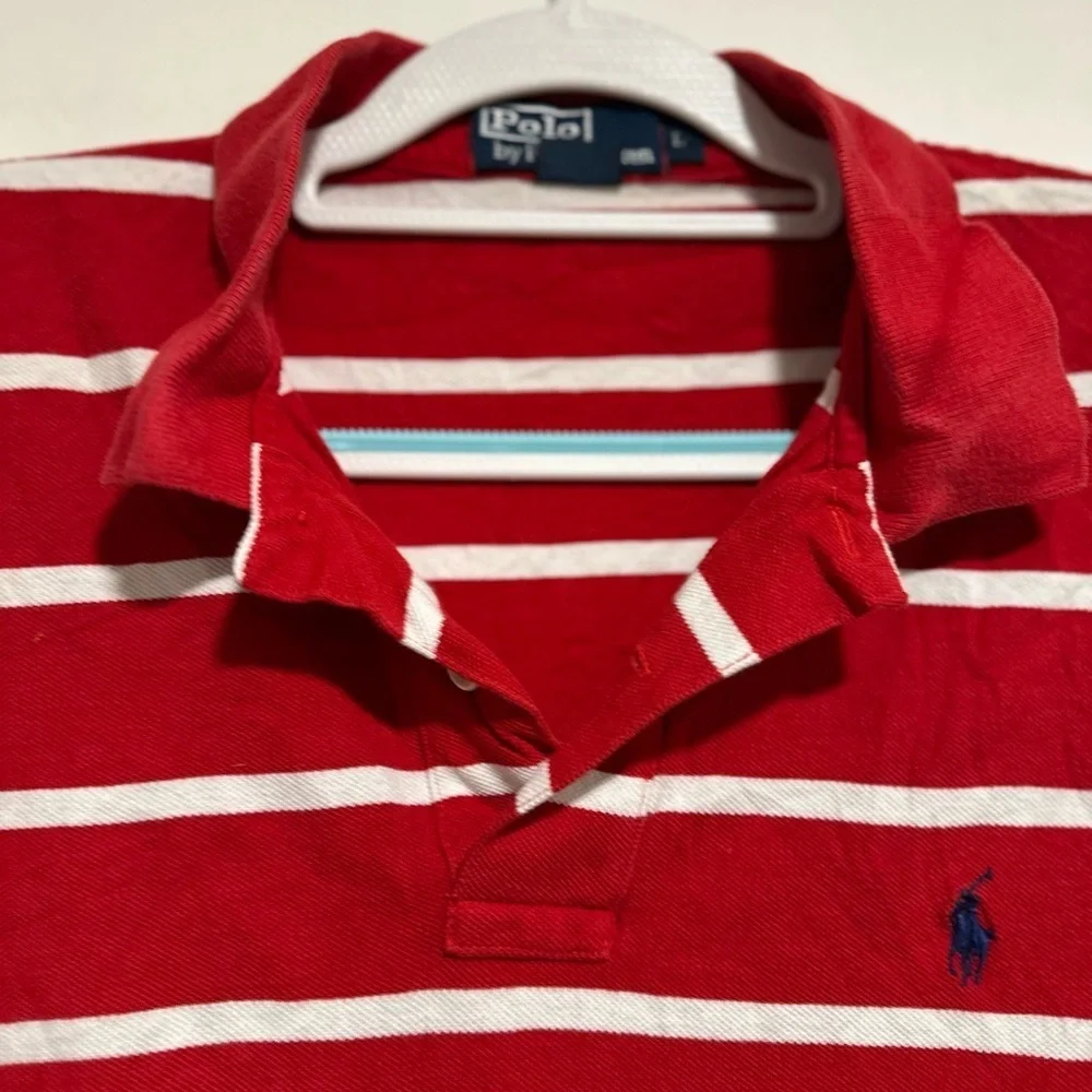 VTG 90s Polo Ralph Lauren Men's Sz: L Red & White Striped Short Sleeve Polo.